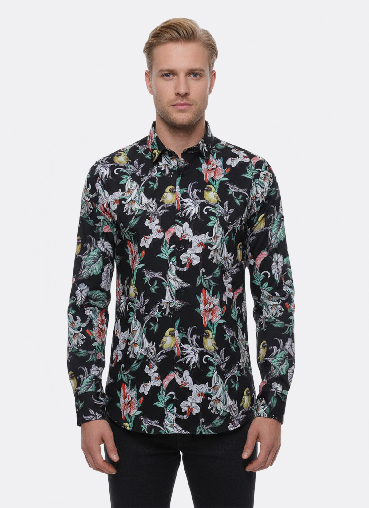 Floral Patterned Slim Fit Long Sleeves Black Men Shirt - Wessi