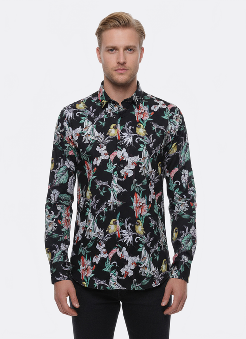 Floral Patterned Slim Fit Long Sleeves Black Men Shirt - Wessi