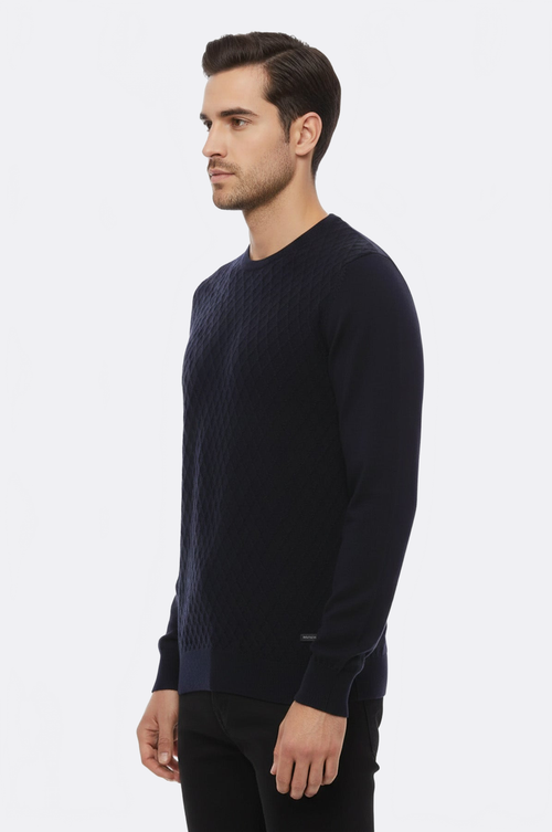 Diamond Pattern Circle Neck Navy Sweater - Wessi