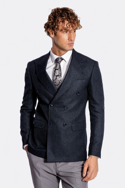 Houndstooth Patterned Navy Blue Men Double Breasted Blazer - Wessi