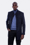 Mandarin Collar Navy Checked Coat - Wessi