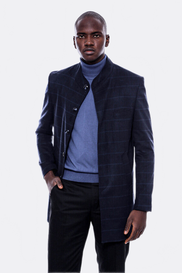 Mandarin Collar Navy Checked Coat - Wessi