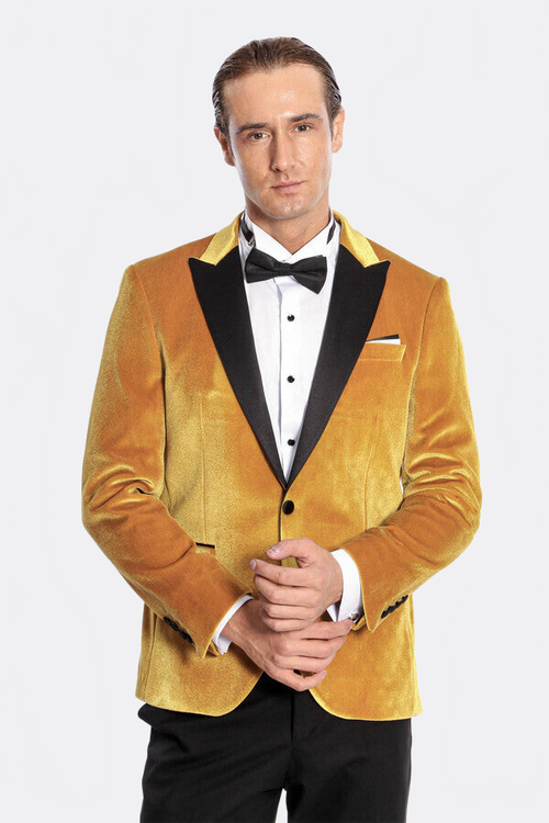 Velvet Slim Fit Yellow Men Prom Blazer - Wessi