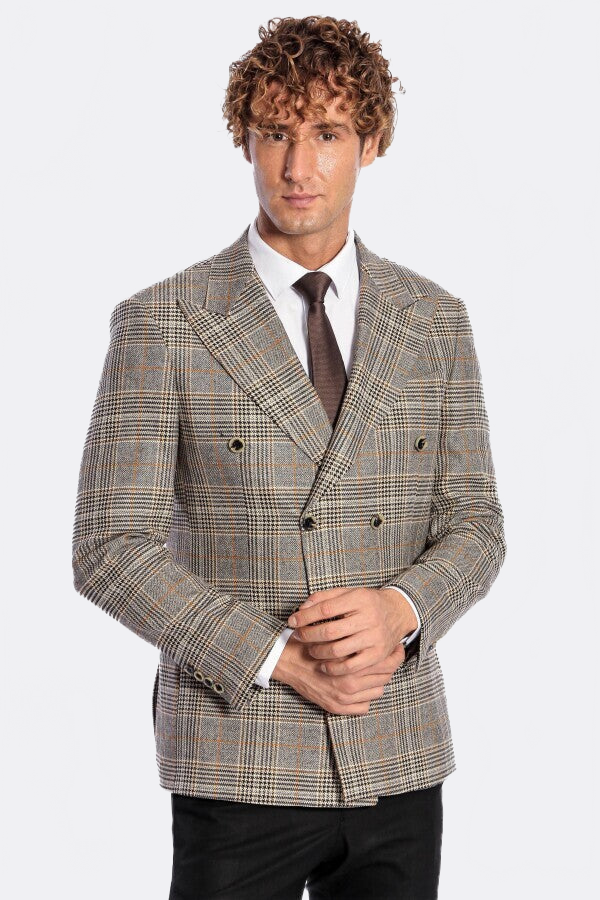 Double Breasted Checked Grey Men Blazer - Wessi