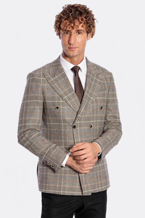Double Breasted Checked Grey Men Blazer - Wessi