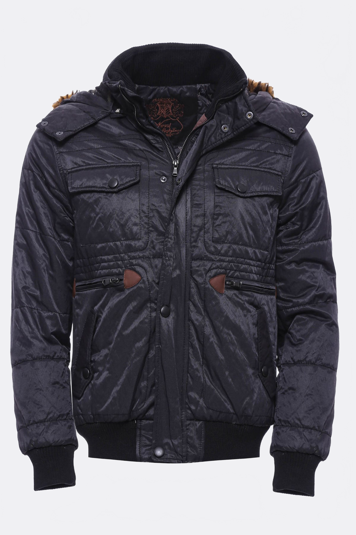6 Pocket Bondite Zippered Hooded Black Coat-Wessi