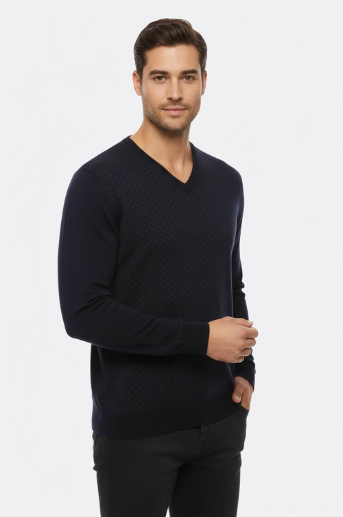 Dot Patterned V Neck Navy Blue Sweater - Wessi
