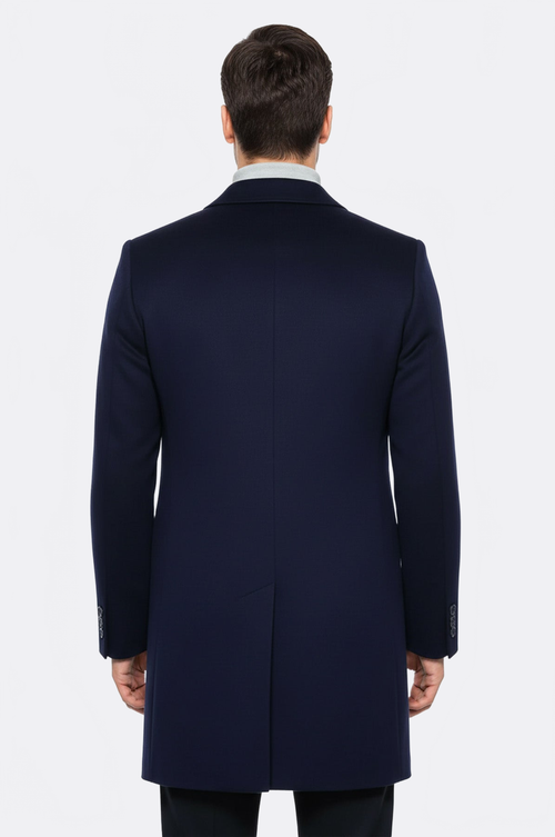 Wide Pointed Collar Over Knee Navy Blue Men Coat - Wessi