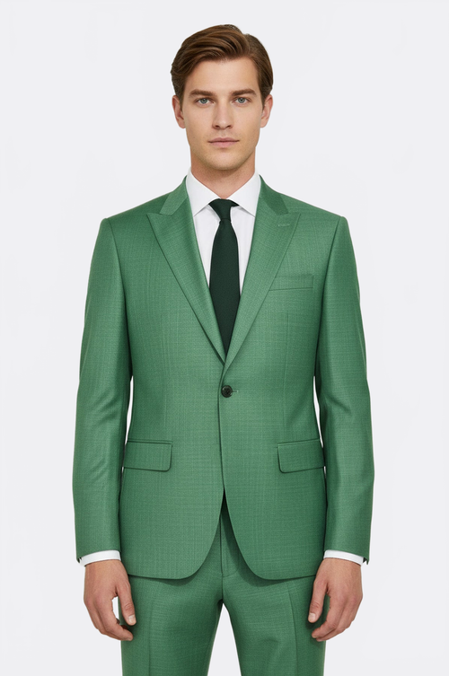 Two Piece Slim Fit Single Button Green Men Suit - Wessi