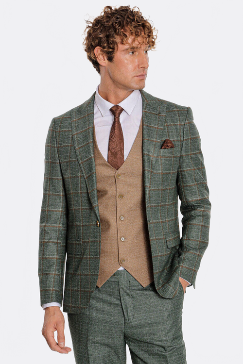 Slim Fit Checked Patterned Green Men Suit - Wessi