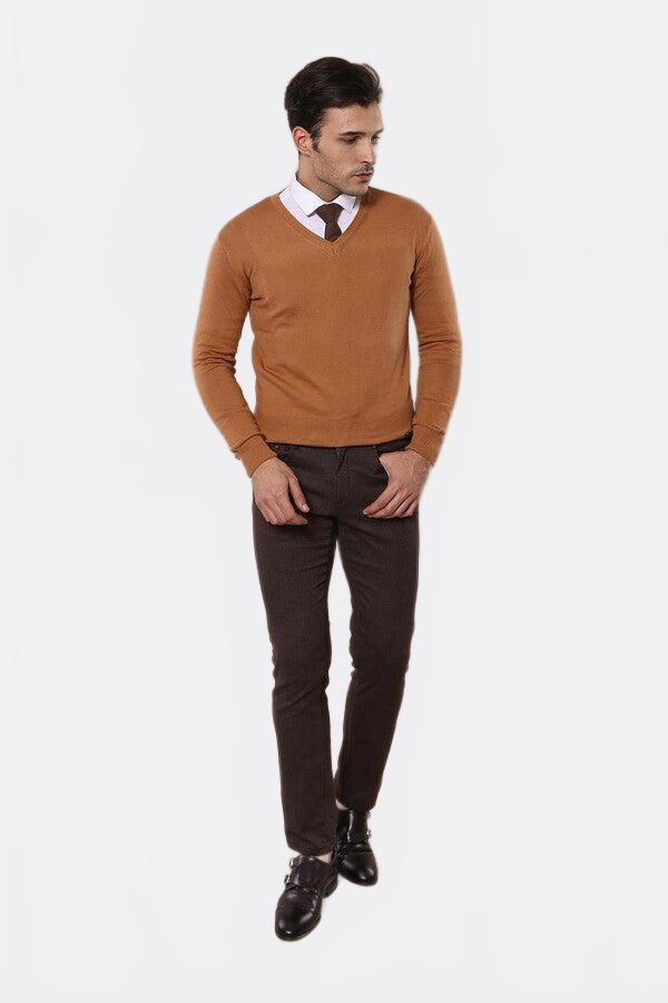 V Neck Brown Sweater - Wessi