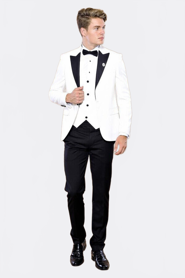 Peak Lapel 3 Piece White Tuxedo | Wessi