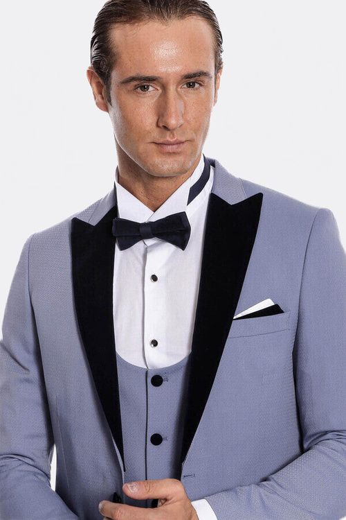 Velvet Lapel Slim Fit Light Blue Men Suit - Wessi