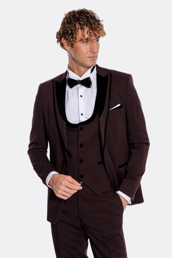 Velvet Lapel Vested Patterned Burgundy Men Tuxedo - Wessi