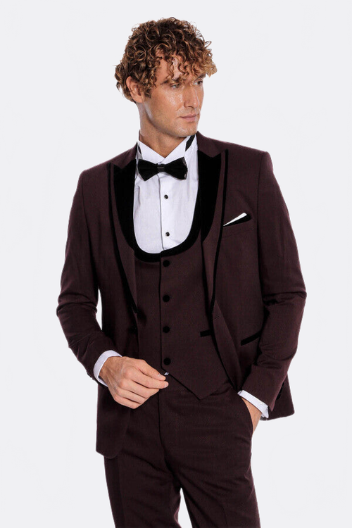 Velvet Lapel Vested Patterned Burgundy Men Tuxedo - Wessi