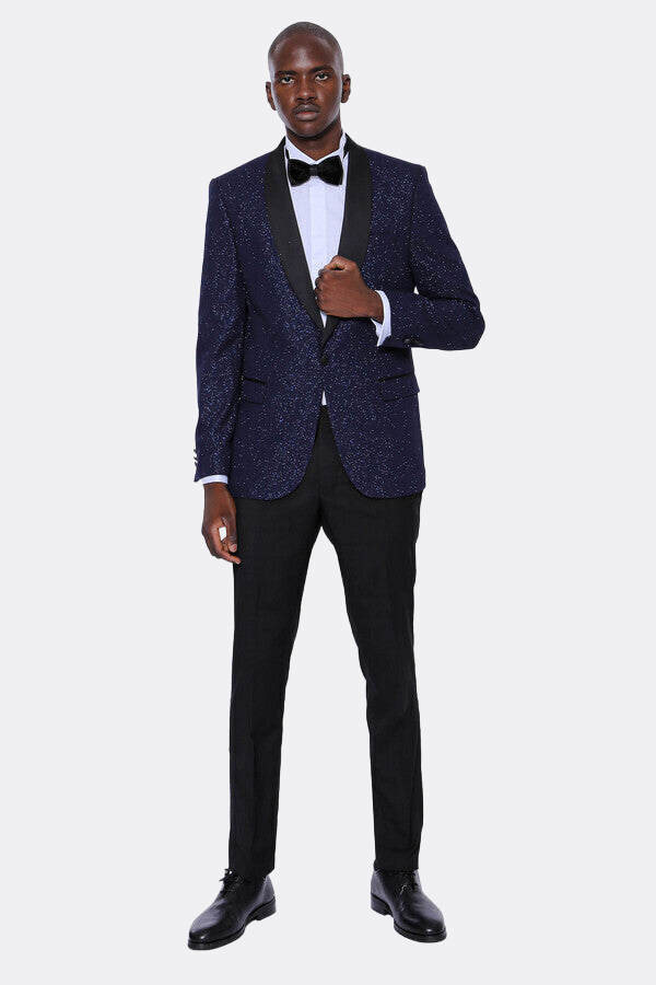 Shawl Lapel Sparkly Navy Blue Men Prom Blazer - Wessi