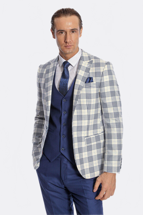 Checked Slim Fit Navy Blue Men Suit - Wessi