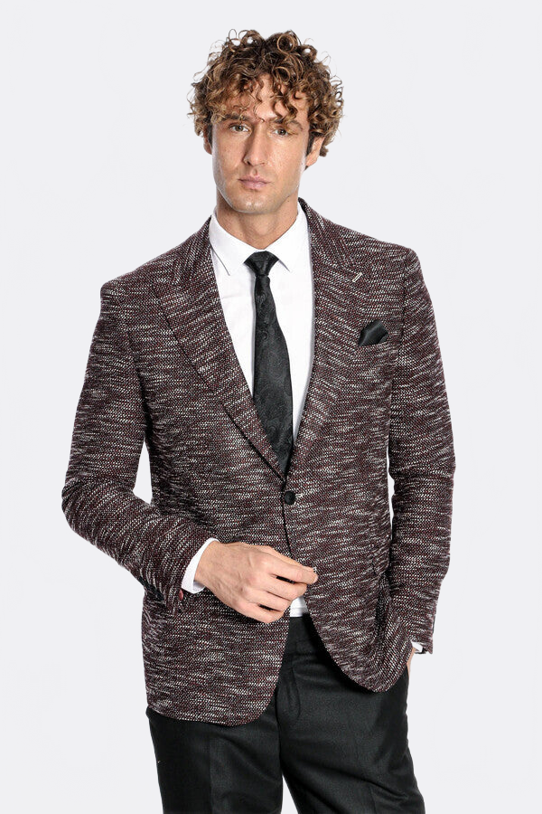 Slim Fit Patterned Sport Burgundy Men Blazer - Wessi