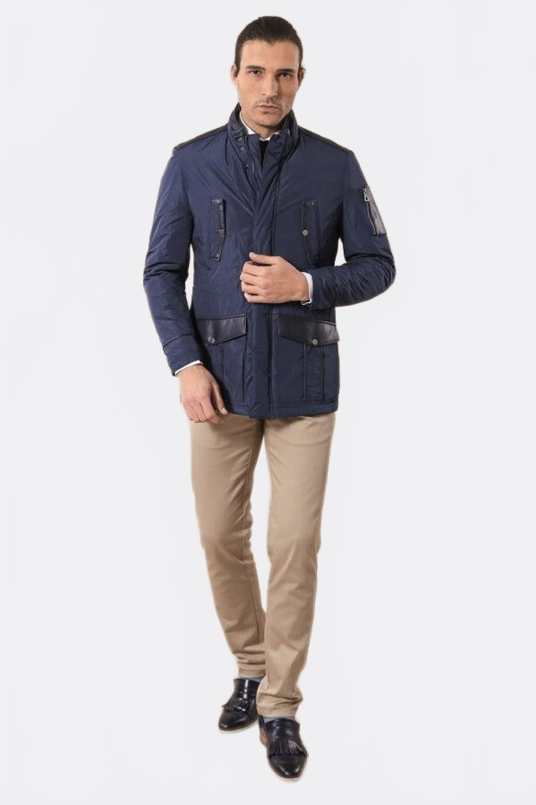 Leather Modeled Blue Slim Fit Quilted Jacket - Wessi