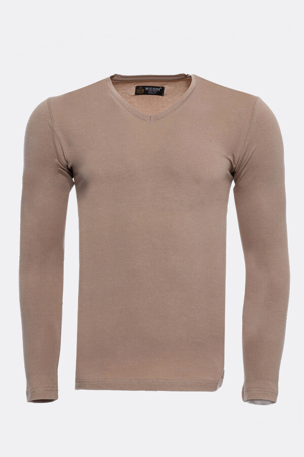 Beige V Neck Plain Sweatshirt - Wessi