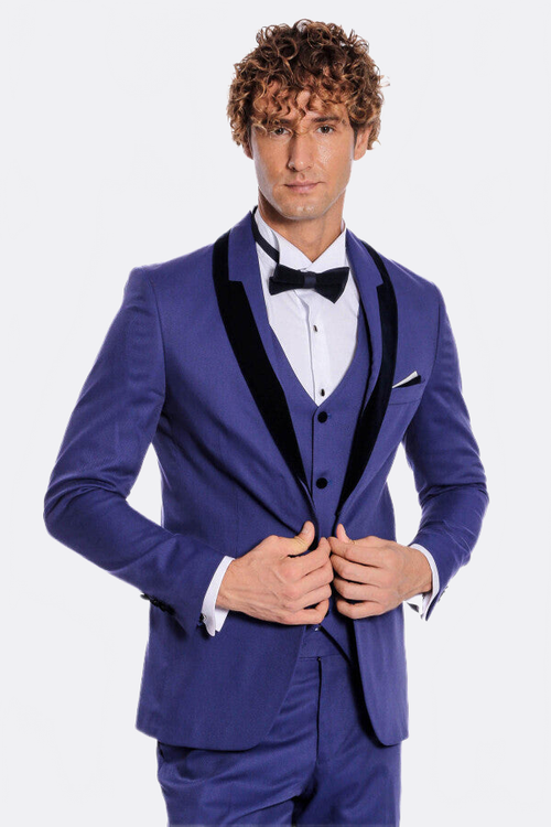 Patterned Velvet Lapel Blue Men Tuxedo - Wessi