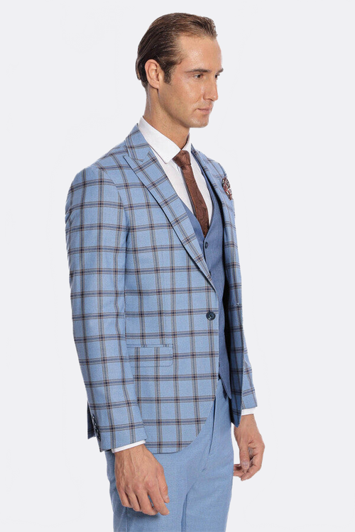 Checked Patterned Slim Fit Blue Men Suit - Wessi