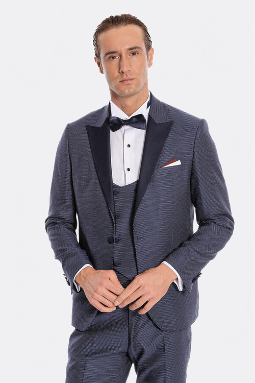 Removable Lapel Vested Navy Blue Tuxedo - Wessi