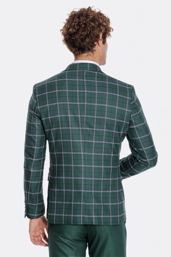 Blue Vested Slim Fit Checked Green Men Suit - Wessi