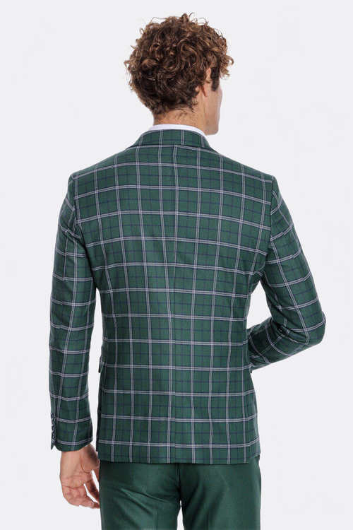 Blue Vested Slim Fit Checked Green Men Suit - Wessi