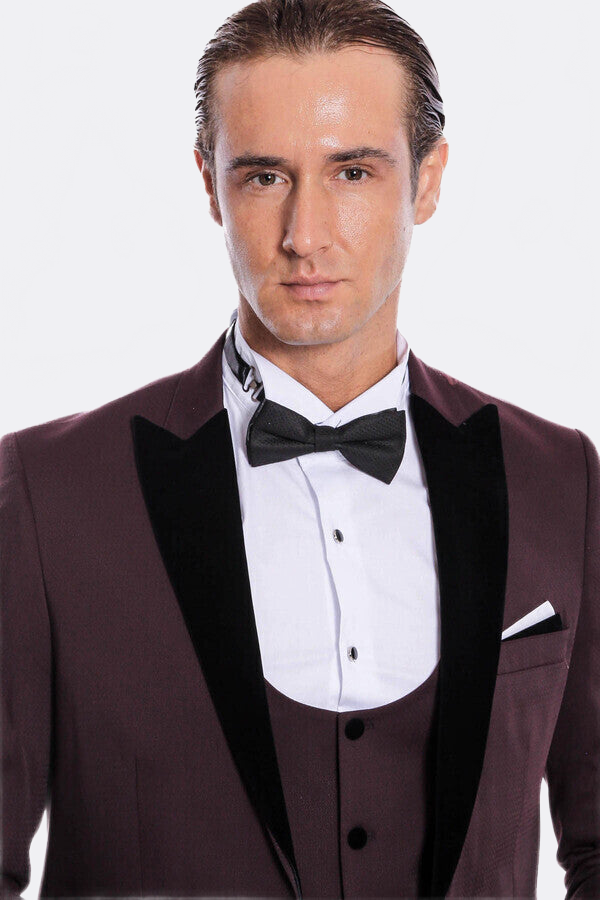 Velvet Lapel Slim Fit Burgundy Men Tuxedo - Wessi