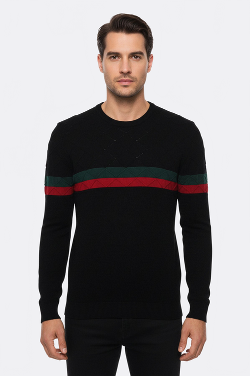 Crew Neck Knitwear Chest Striped Over Black - Wessi