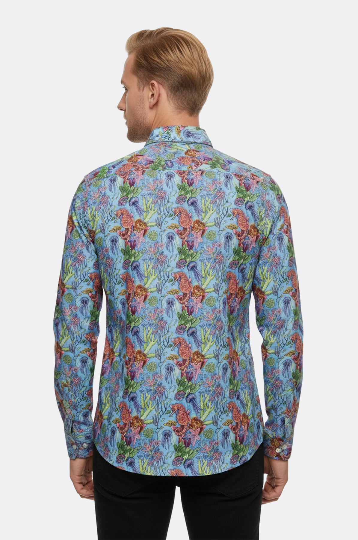 Red Floral Patterned Slim-Fit Long Sleeves Navy Blue Shirt - Wessi