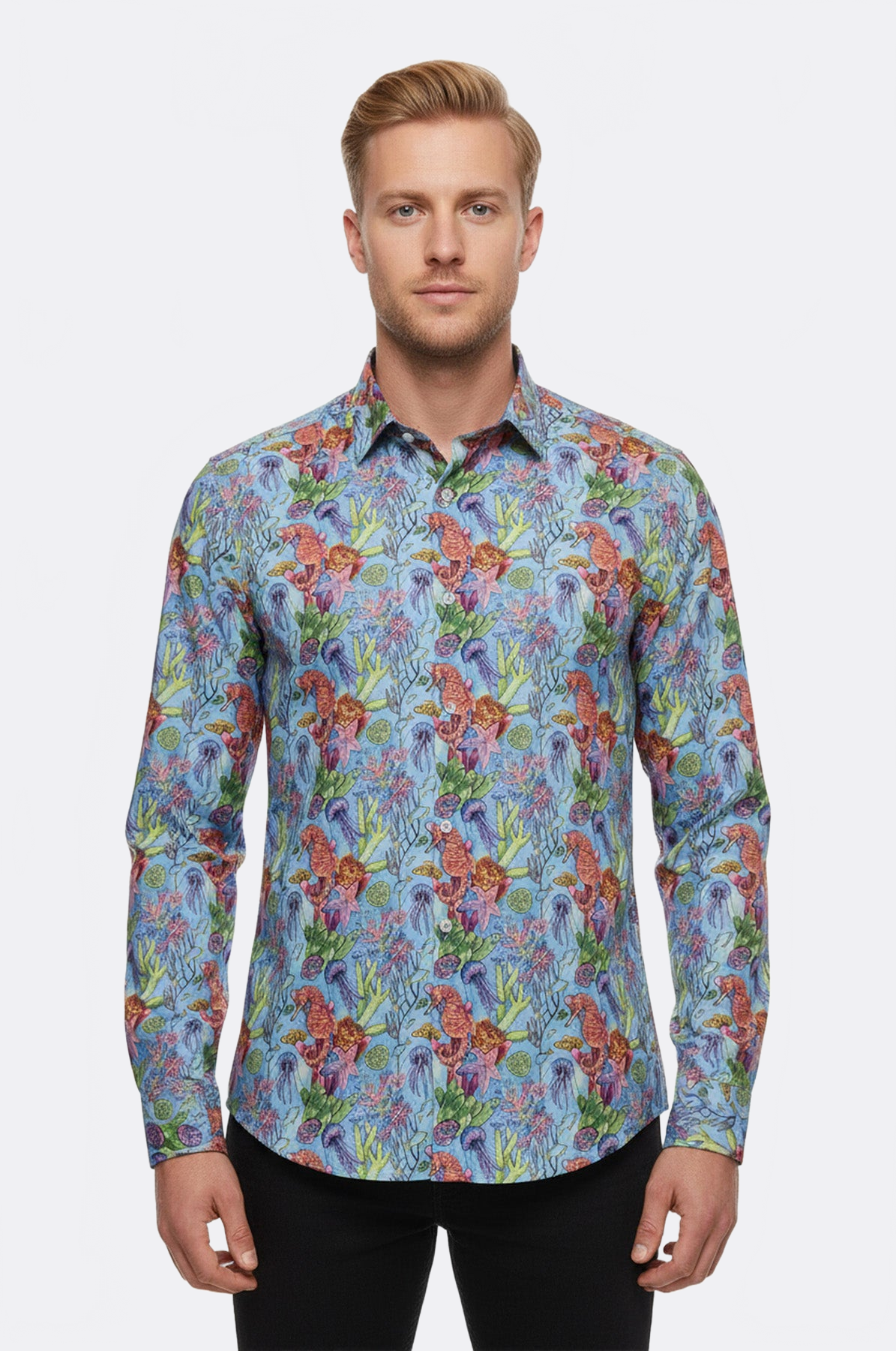 Red Floral Patterned Slim-Fit Long Sleeves Navy Blue Shirt - Wessi