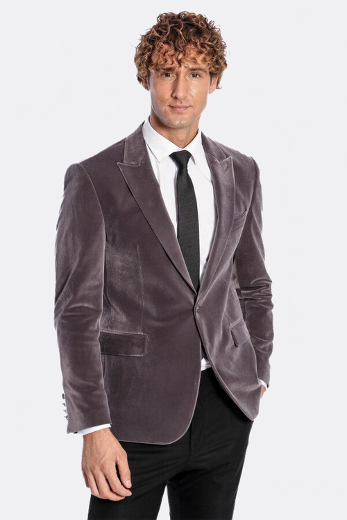 Wide Peak Lapel Single Button Velvet Grey Men Blazer - Wessi