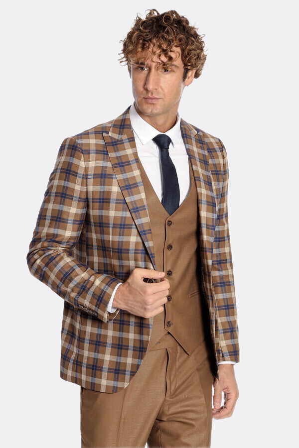 Checked Slim Fit Brown Men Suit  - Wessi
