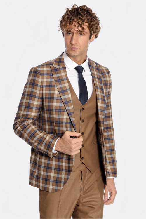 Checked Slim Fit Brown Men Suit  - Wessi