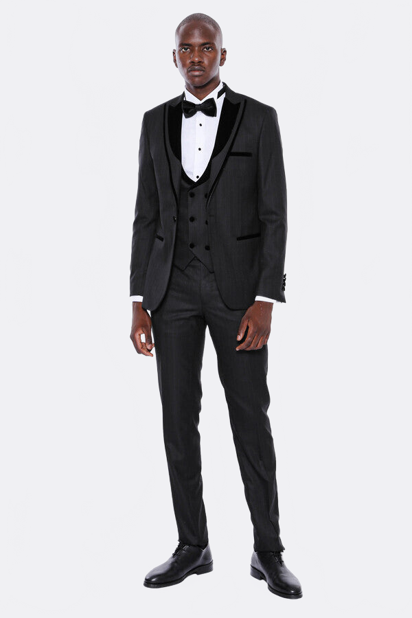 Velvet Lapel Striped Herringbone Black 3 Piece Tuxedo - Wessi