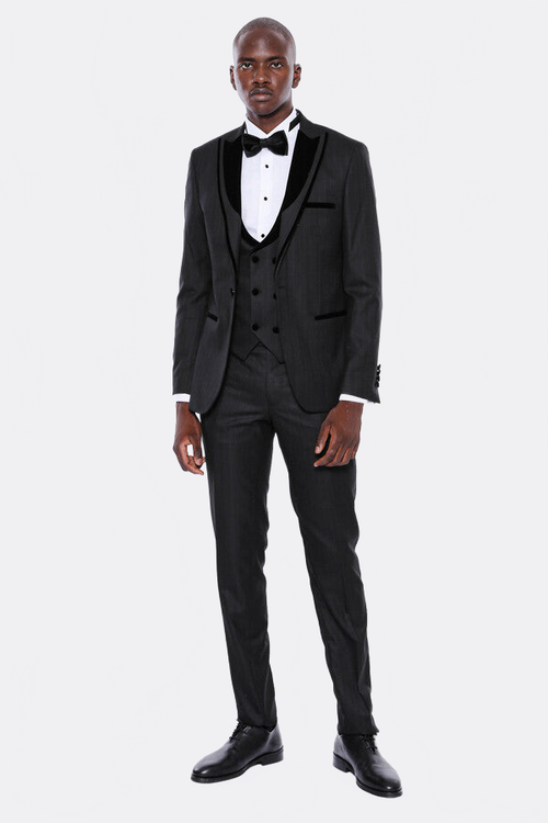 Velvet Lapel Striped Herringbone Black 3 Piece Tuxedo - Wessi