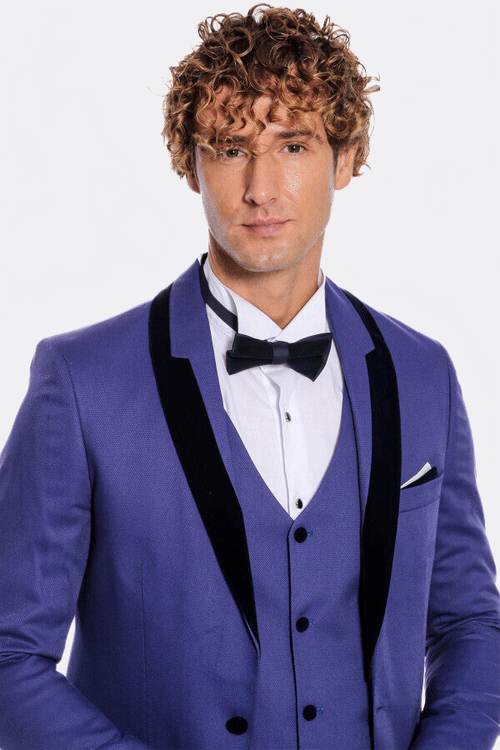 Patterned Velvet Lapel Blue Men Tuxedo - Wessi