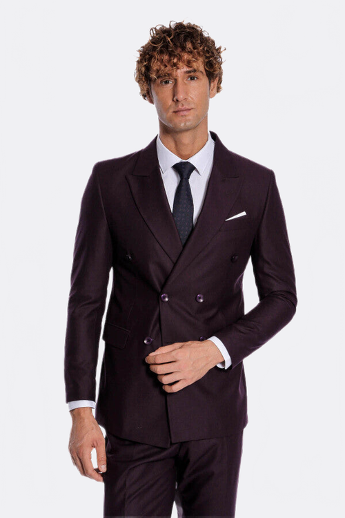 Double Breasted Plain Wide Lapel Purple Men Suit - Wessi