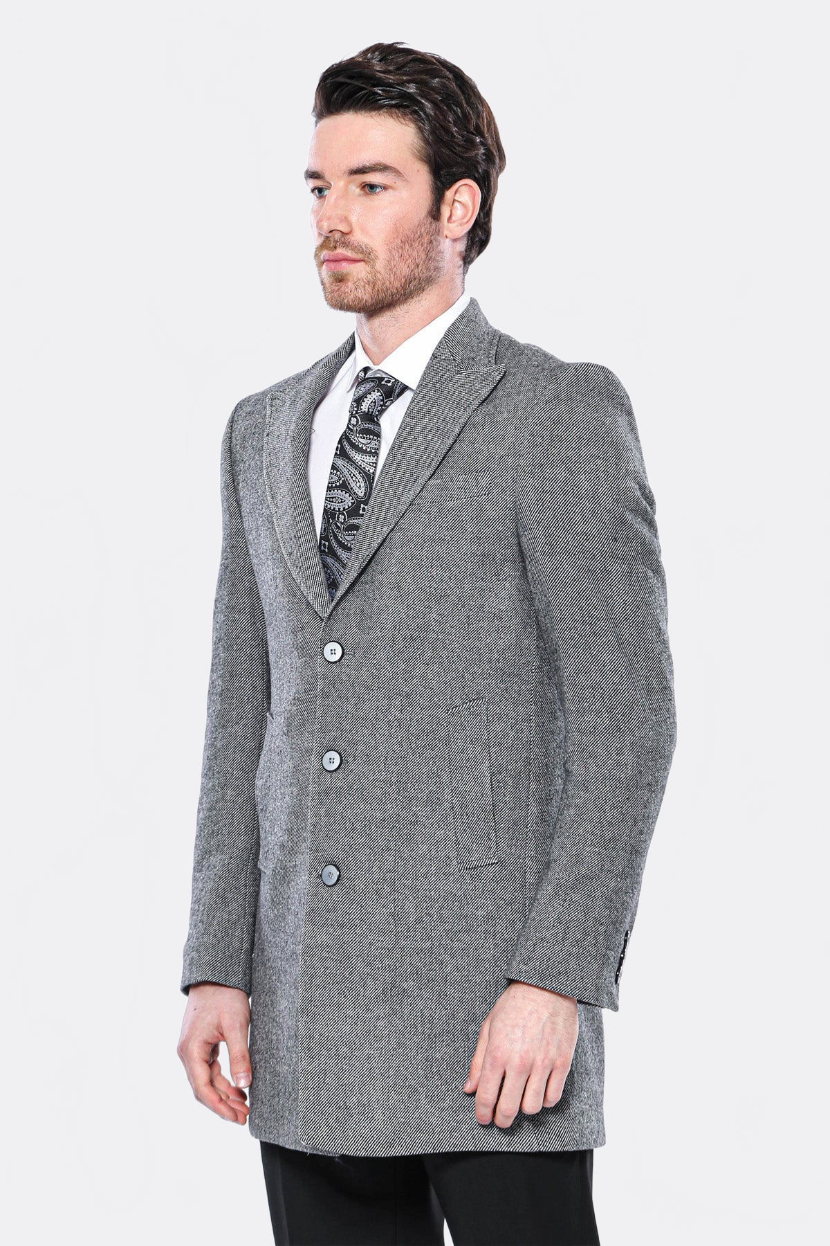 Cachet Peak Lapel Grey Men Long Coat - Wessi