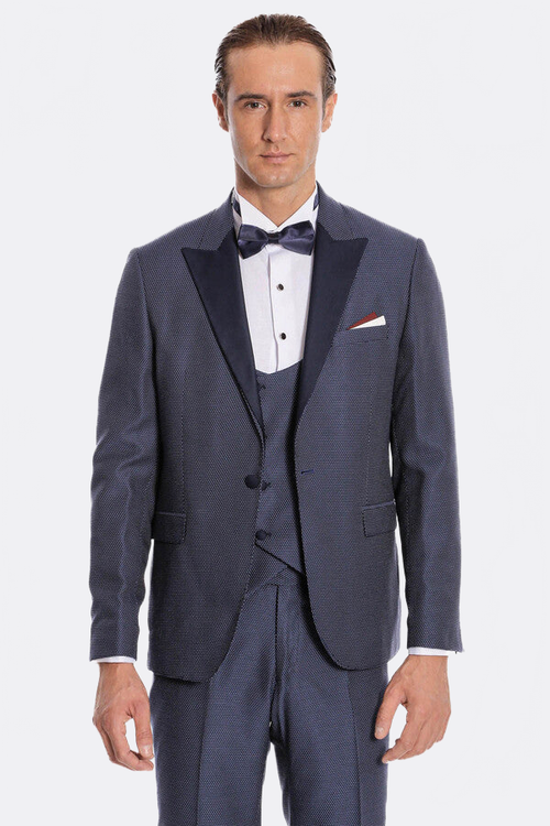 Removable Lapel Vested Navy Blue Tuxedo - Wessi