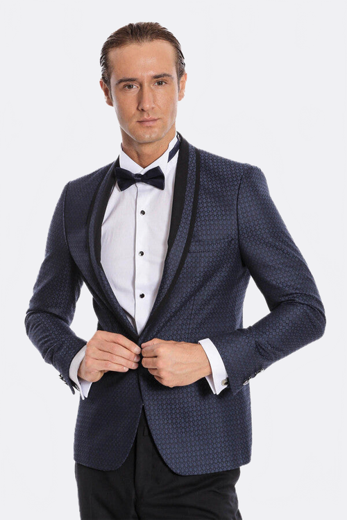 Shawl Lapel Patterned Slim Fit Navy Blue Tuxedo | Wessi