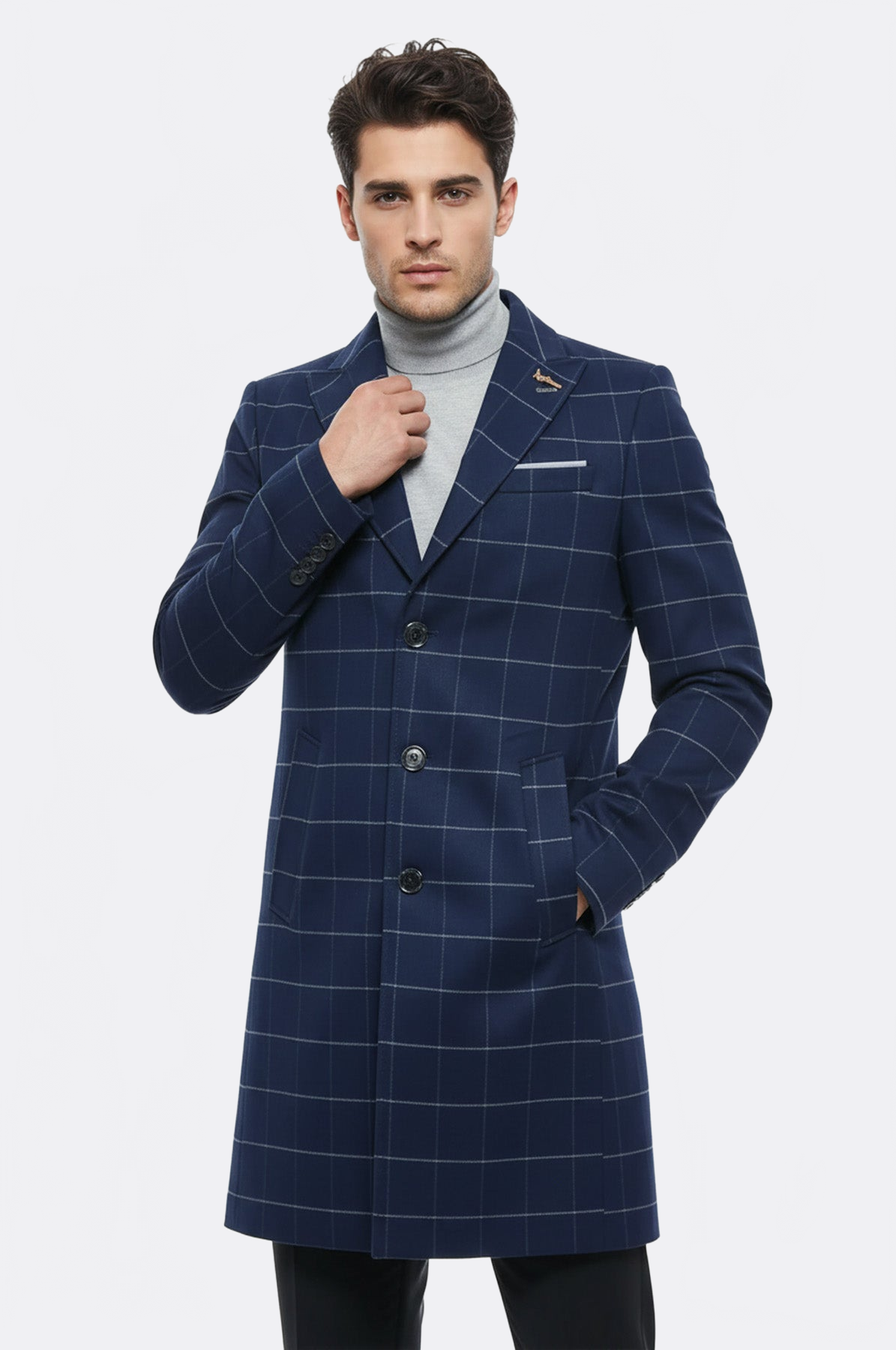 Wide Pointed Collar Indigo Men Coat - Wessi