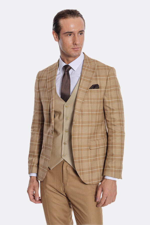 Slim Fit Checked Beige Men Suit - Wessi