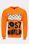 Orange Circle Neck Cat Printed Sweatshirt - Wessi