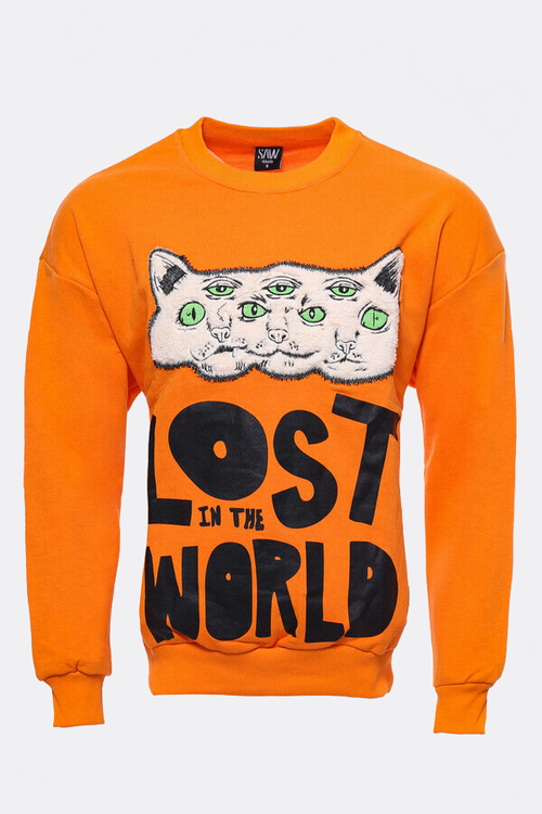 Orange Circle Neck Cat Printed Sweatshirt - Wessi