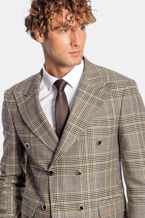 Double Breasted Checked Grey Men Blazer - Wessi