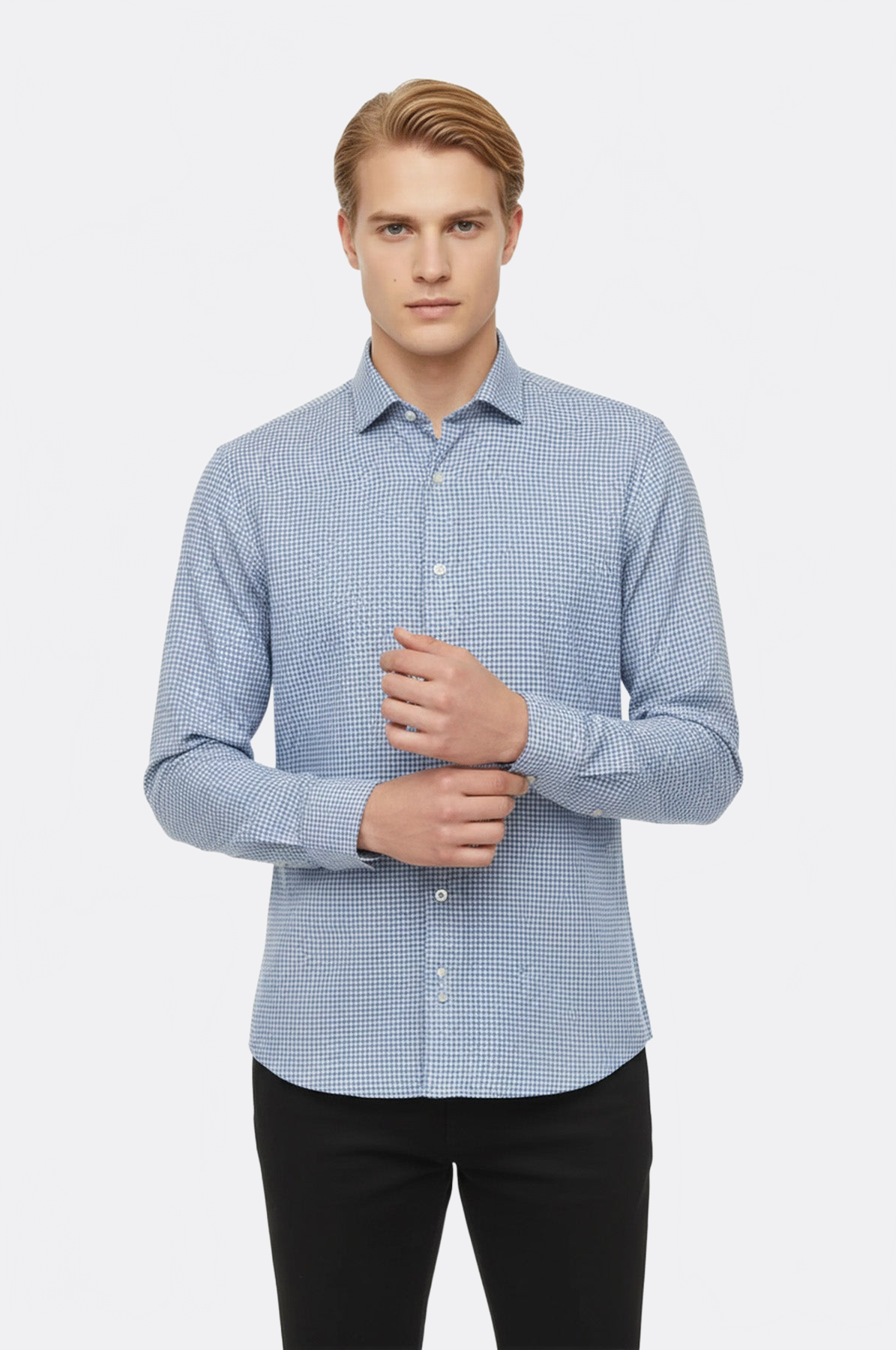 Houndstooth Pattern Sky Blue Men Shirt - Wessi
