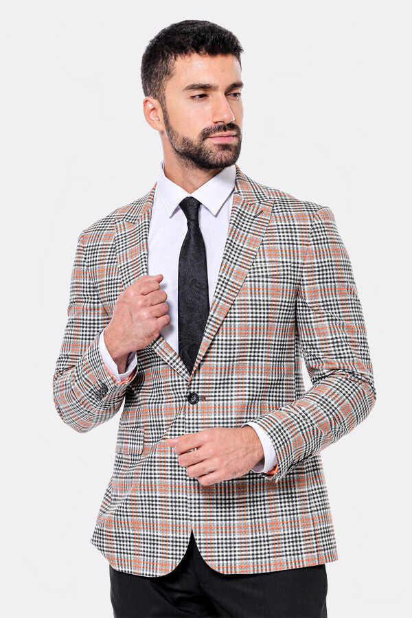 Plaid Slim-Fit Orange Black Men Blazer - Wessi